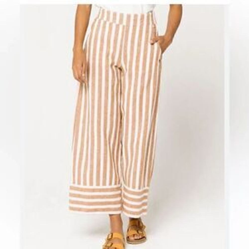 Roxy Linen Blend Striped High Waisted Wide Leg Crop Pants Brown White Size Small